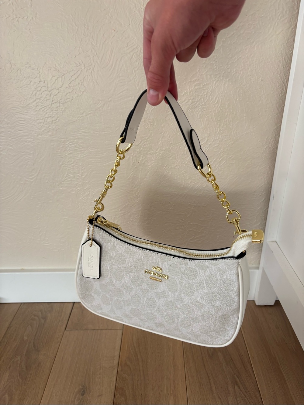 Coach White Signature Canvas Shoulder Bag with Gold Hardware